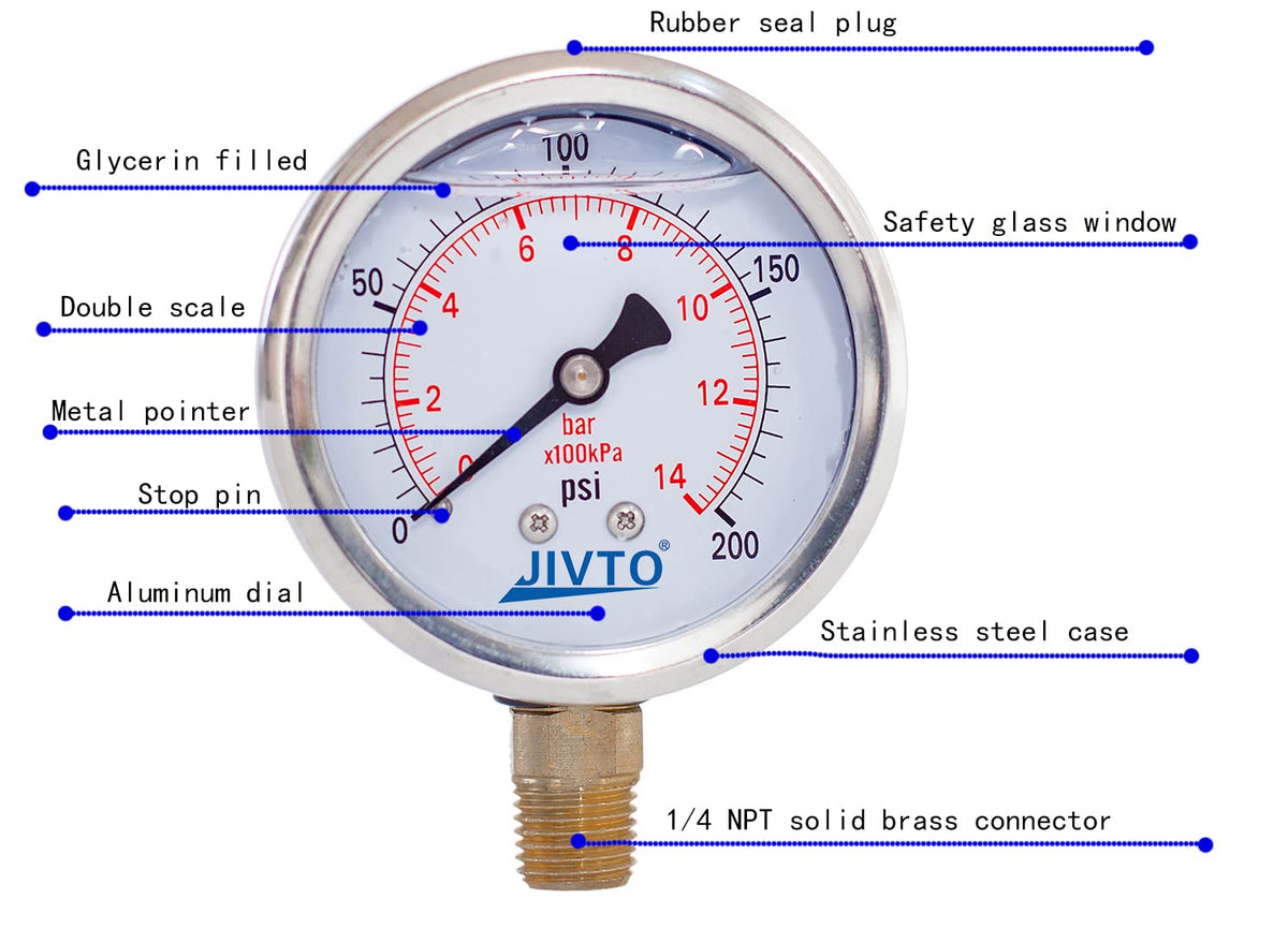 Pressure Gauge,Glycerin Liquid Filled,2.5" Dia,0-200 psi(Single Scale),1/4" NPT Brass Connection,Lower Mount, Stainless Steel Case,for Pneumatic,Pump,Hose,Well Tank,Gas Air Water Oil