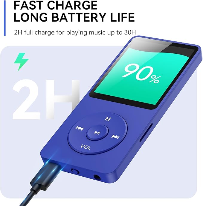 AGPTEK A02 MP3 Player with Bluetooth 5.3, 1.8 inch Screen Portable Music Player with Speaker, FM Radio, Voice Recorder, Supports Expanded Up to 128GB(Blue, 32GB)