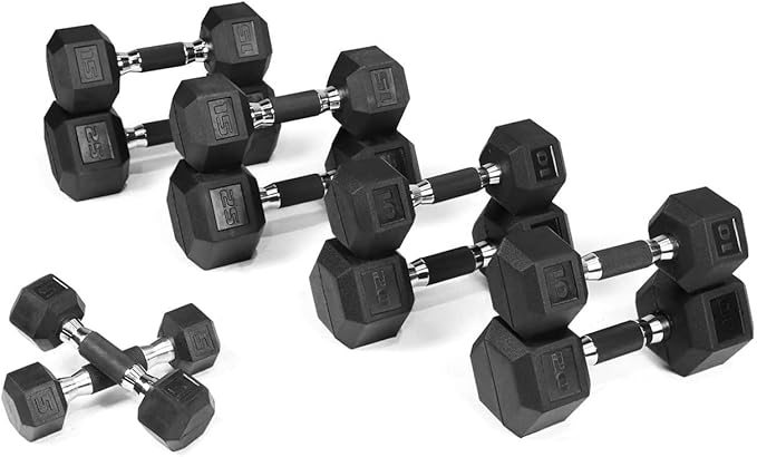 WF Athletic Supply Rubber Encased Hex Dumbbells with Rubber Grip Contoured Handle for Muscle Toning, Strength Building & Full Body Workout