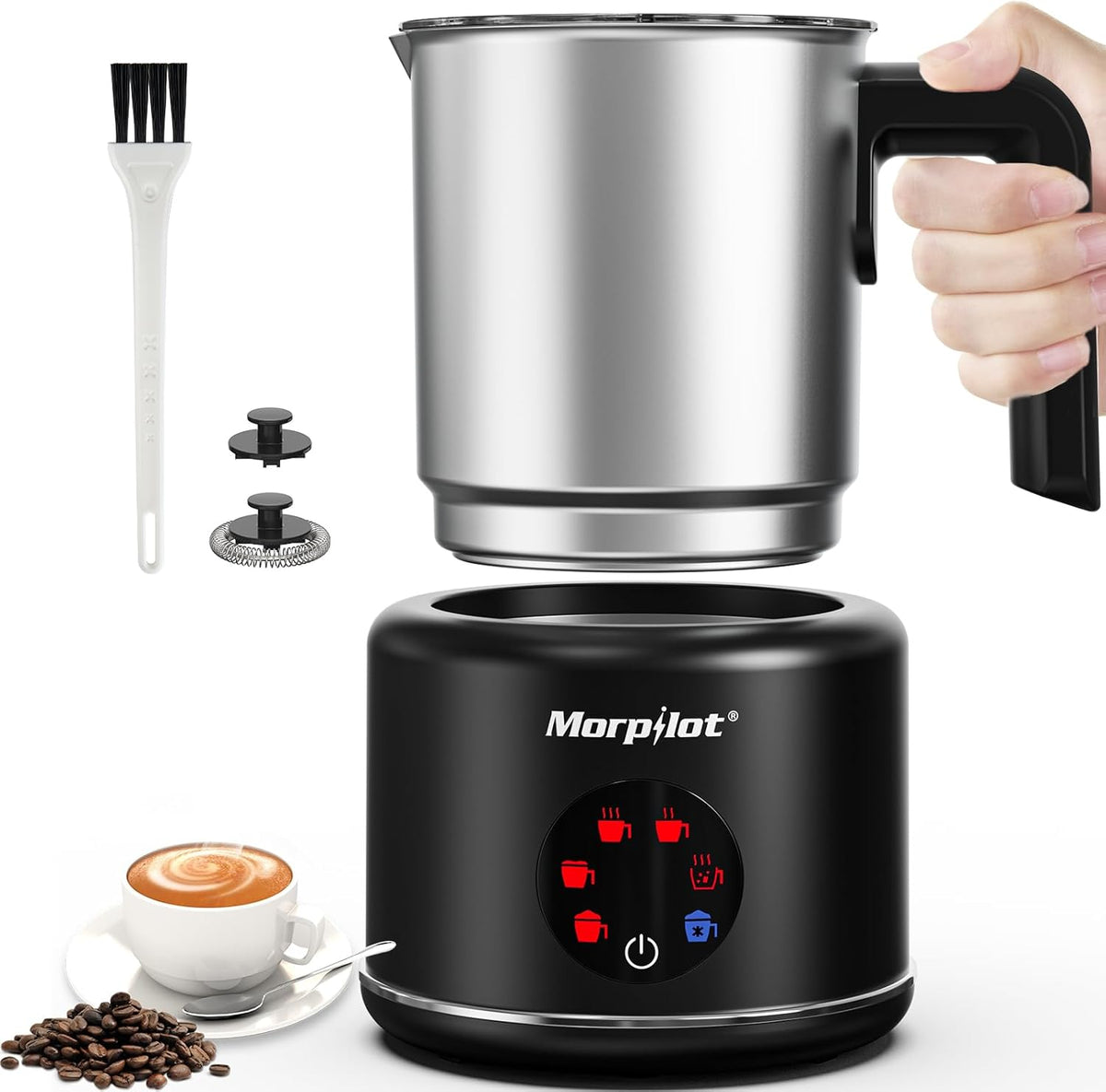 Large Electric Milk Frother and Steamer, 16.9oz/500ml Milk Steamer and Frother for Latte or Hot Chocolate, Dishwasher Safe, 6 Functions, Enjoy Perfect Milk Froth in 2 Min (Black-Stainless Steel)