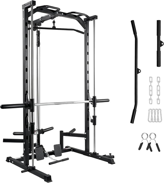RitFit Smith Machine Power Rack with LAT-Pull Down System, Landmine, Barbell Bar, Plate Storage Pegs and More Training Attachment