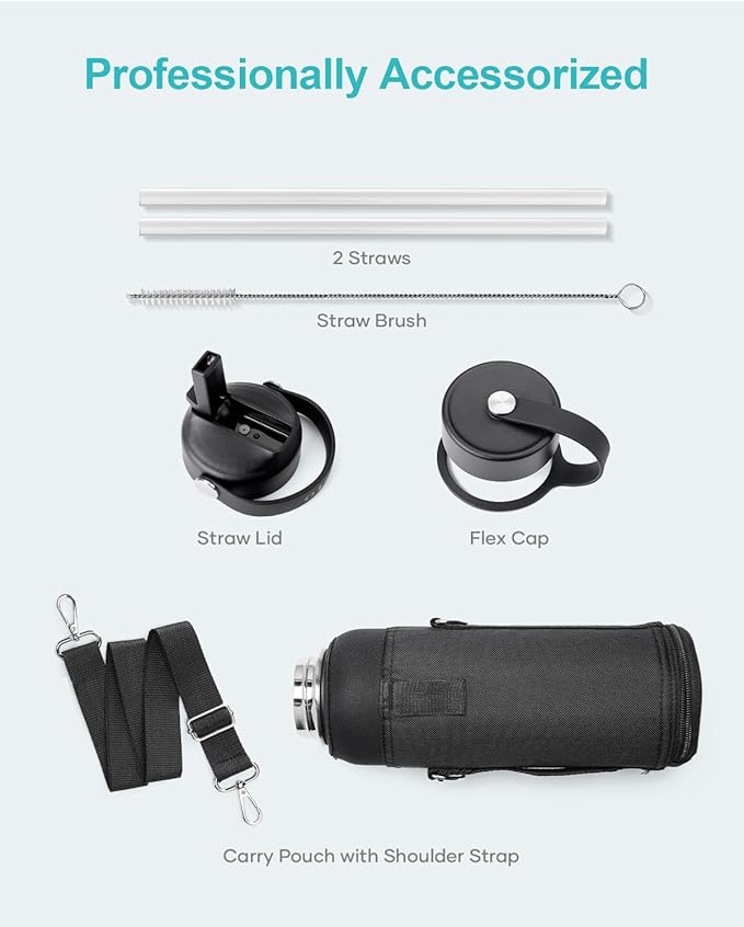 BUZIO 40oz Insulated Water Bottle, Triple Wall Stainless Steel Water Flask with 2 lids, Leakproof BPA-Free Straw Lid Sports Canteen for Sports Hiking, Cold 48H & Hot 24H- Gradient Green