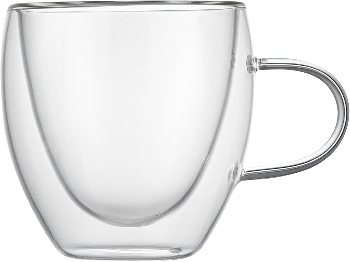 Restaurantware-Forma Professional 5.1 Ounce Glass Coffee Cups, 12 Insulated Coffee Cups With Handle - Dishwashable, Reusable, Clear Double Wall Beverage Tumblers, Freezable, For Hot Or Cold Beverages