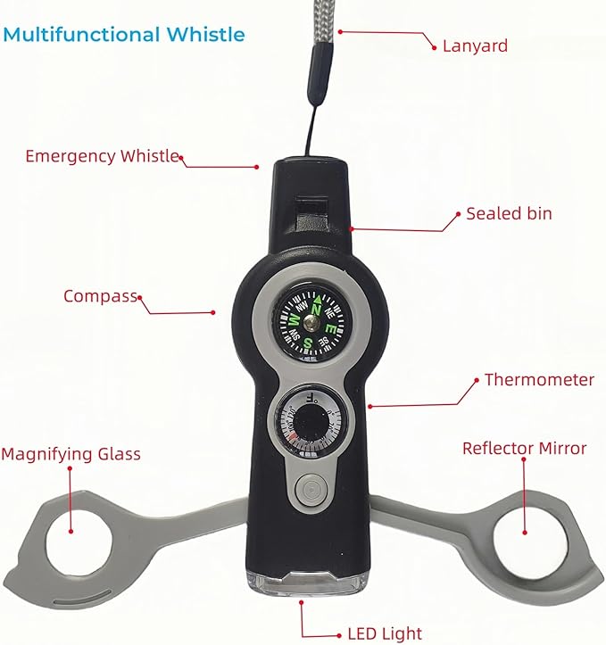 7 in 1 Emergency Survival Whistle with Compass, Outdoor Multi-Functional Hiking Safety Tool with Lanyard