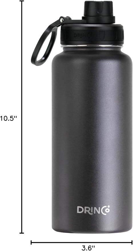 DRINCO Stainless Steel Water Bottle Spout Lid Vacuum Insulated Double Wall Water Bottle Wide Mouth (40oz 32oz 22oz 18oz 14oz) Leak Proof Keep Cold Sport Camping Hiking (32 oz, 32oz Black)