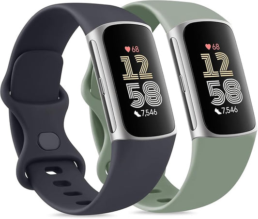 2 Pack Bands Compatible with Fitbit Charge 6 / Fitbit Charge 5 Bands for Women Men, Waterproof Classic Soft Sports Replacement Wristbands