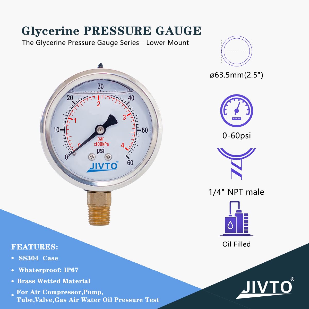 Pressure Gauge,Glycerin Liquid Filled,2-1/2" Dual Scale Dia,0-60 psi/bar/kpa,1/4" NPT Male Brass Connection,Lower Mount, Stainless Steel Case, Pneumatic,Pump,Hose,Well Tank,Gas Air Water Oil