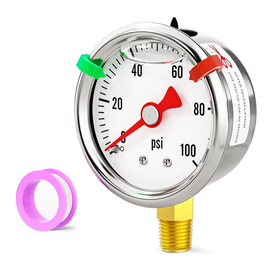 0-100psi Stainless Steel Glycerin Liquid Filled Pressure Gauge1/8 NPT 1.5" Dial, Lower Mount Designed for Pressure Testing of Water, Oil and Air (with Range Mark Pointer)