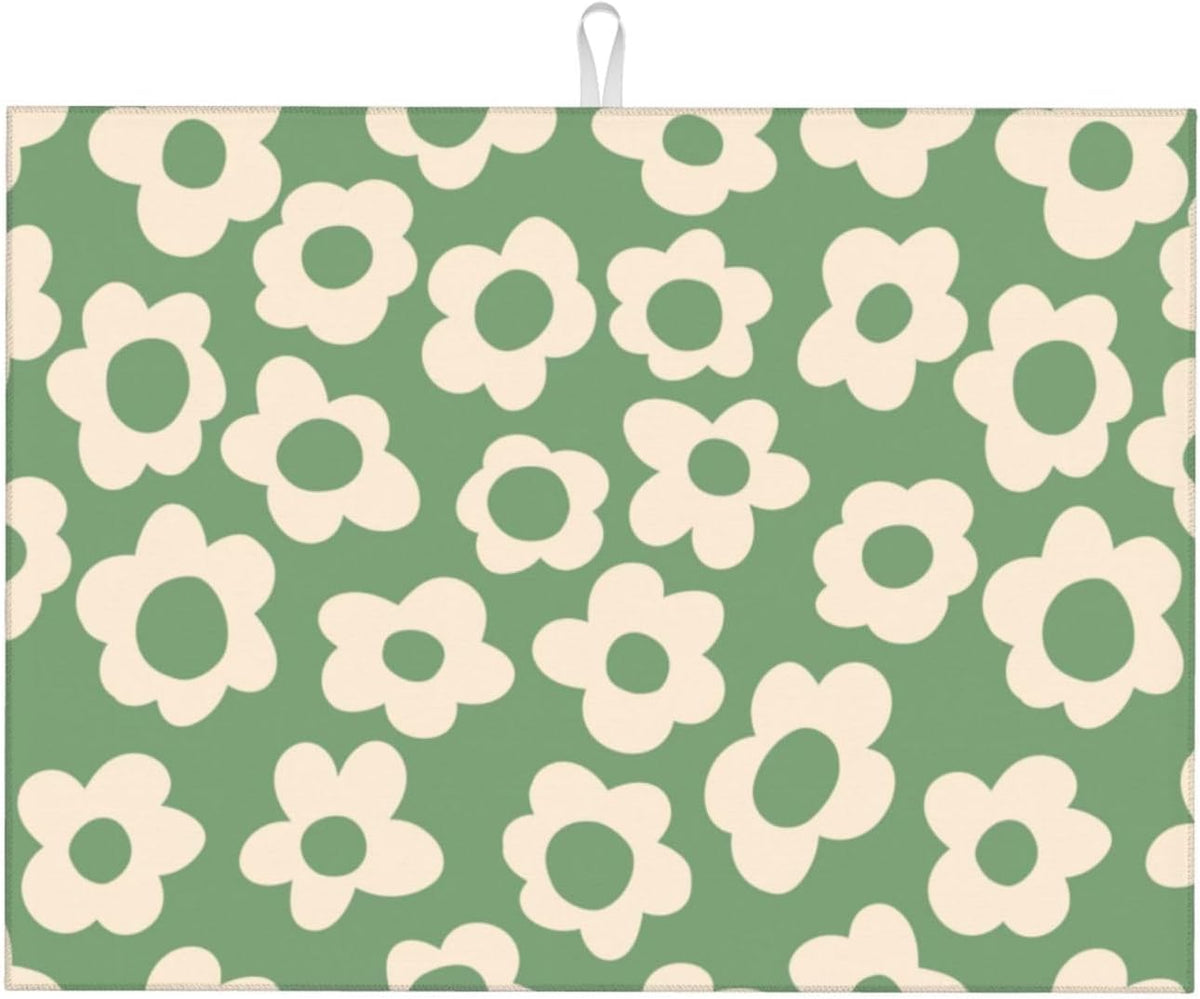 Floral Kitchen Dish Drying Mat for Dishes 18x24 Inch Vintage Groovy Flowers Drying Mat White Daisy Dish Drainer Mat Super Absorbent Dish Rack Pad for Coffee Bar Sinks(Green)