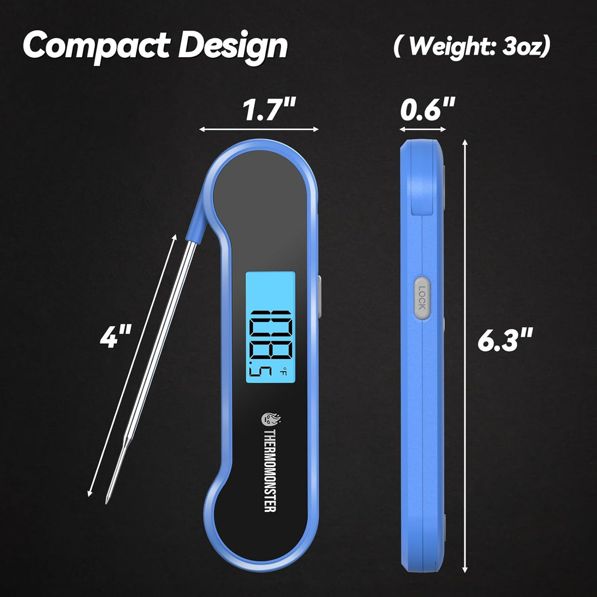 0.5 Sec Instant Read Meat Thermometer Digital with ±0.5℉ Precision, 100% Waterproof Auto Flip Bright LCD Screen, Motion Sensing Food Thermometer for Cooking Kitchen Oven Grill Candy BBQ, Blue