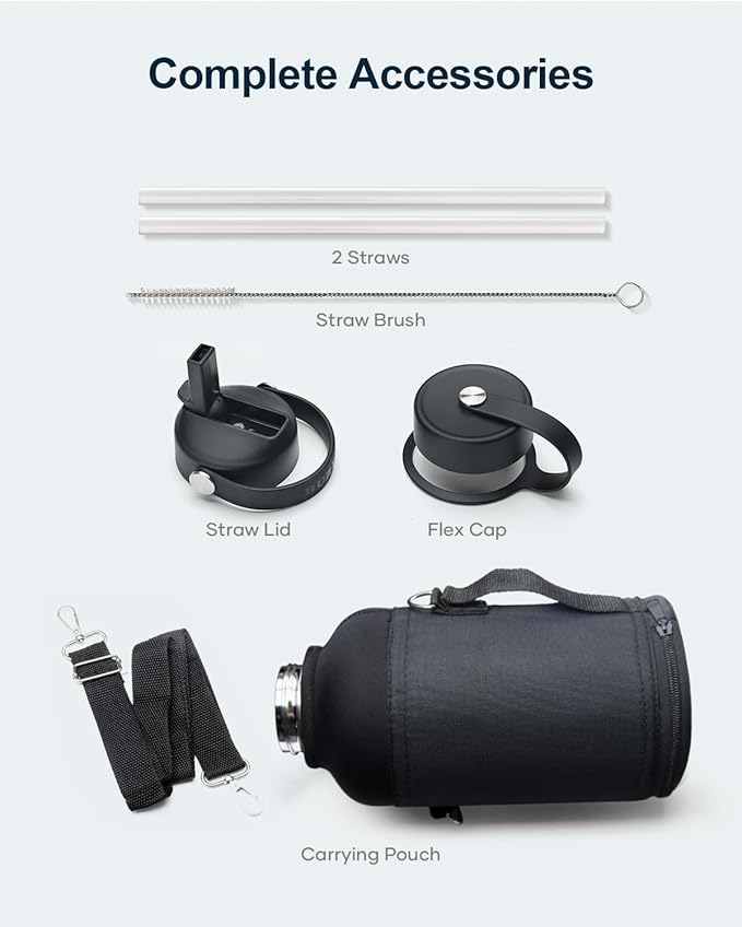 BUZIO 64oz Insulated Water Bottle with Straw Lid, Half Gallon Double Wall Food-Grade Stainless Steel Water Bottle with Carrying Pouch, Wide Mouth BPA-Free Sweat-Proof Sports Water Flask, Keep Hot Cold