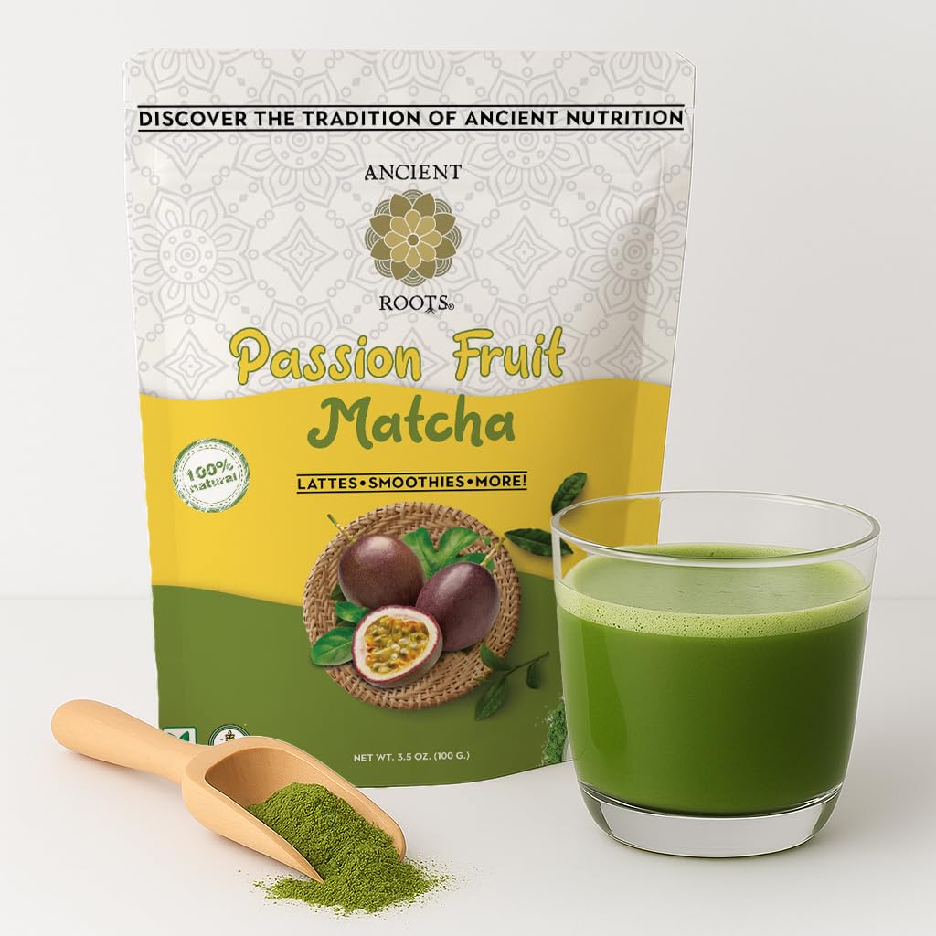 Ancient Roots Passion Fruit Matcha Mix – Organic Green Tea Powder for Lattes, Smoothies, & Baking Matcha Powder, Antioxident 100% Natural, Vegan, Gluten-Free (3.5 OZ, Passion Fruit)