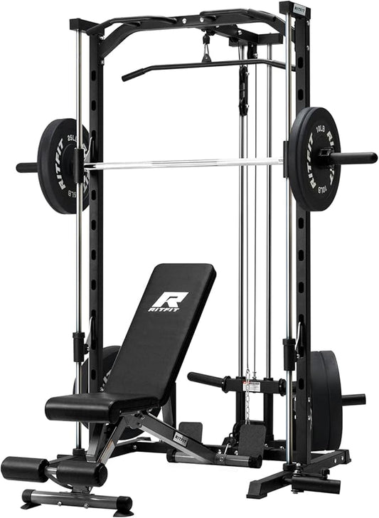 RitFit Smith Machine Power Rack with LAT-Pull Down System, Landmine, Barbell Bar, Plate Storage Pegs and More Training Attachment