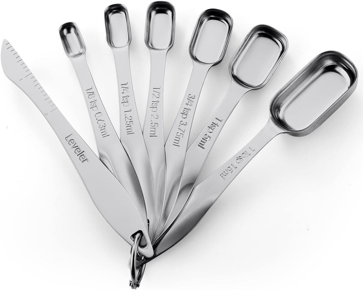 Spring Chef Stainless Steel Measuring Spoons Set of 7 with Leveler, Rectangular Metal Teaspoon & Tablespoon Measuring Spoons for Dry & Liquid Ingredients - Nesting Kitchen Gadgets For Baking & Cooking