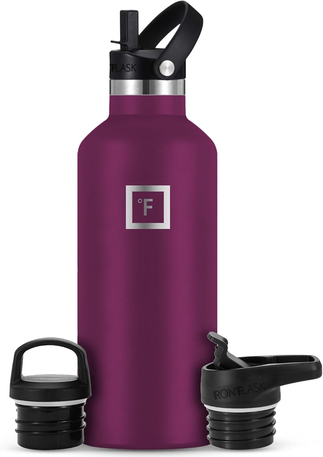 IRON °FLASK Camping & Hiking Hydration Canteens - 3 Lids (Narrow Straw Lid) Leak Proof Vacuum Insulated Stainless Steel - Hot & Cold Double Walled Sports Water Bottle - Burgundy, 32 Oz