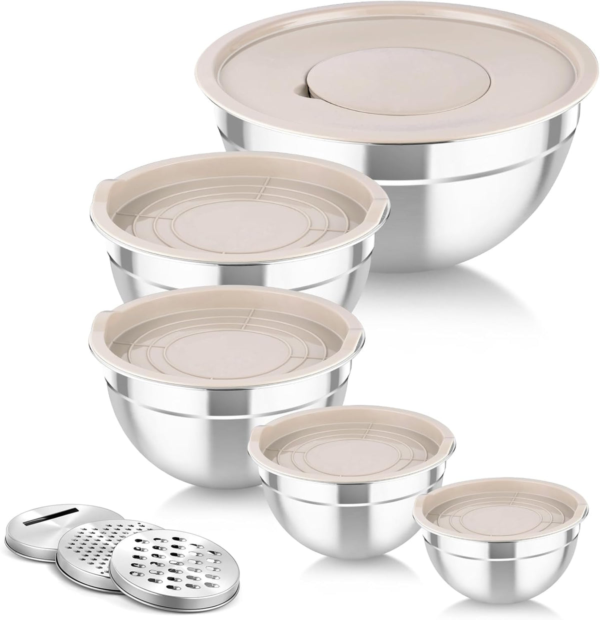 TeamFar Mixing Bowls with Airtight Lids, 5PCS Stainless Steel Metal Salad Bowl with 3 Grater Attachments, for Cooking, Prepping, Serving, Healthy & Easy Clean - 0.7/1/1.5/2.6/4.6QT, Khaki