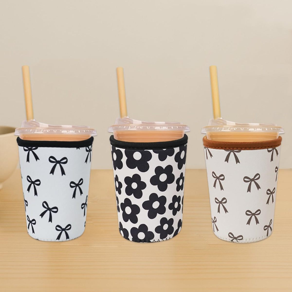 Reusable Insulated Neoprene Iced Coffee Cup Sleeve, Durable Drink Sleeve for Cold Beverages, Beverage Holder for Iced Coffee, Black Bow