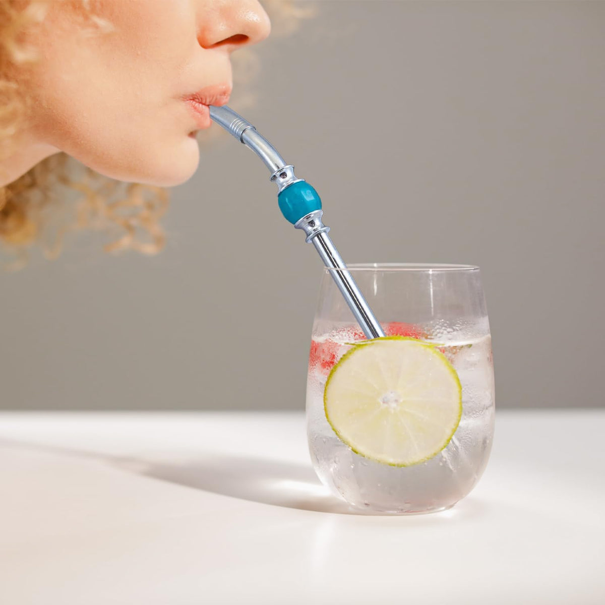 Reusable Bombilla Yerba Mate Straw - Stainless Steel Removable Spoon Style Filter with a Beautiful Bead - Metal Straw for Drinking Loose Leaf Tea - Includes Cleaning Brush(Blue)