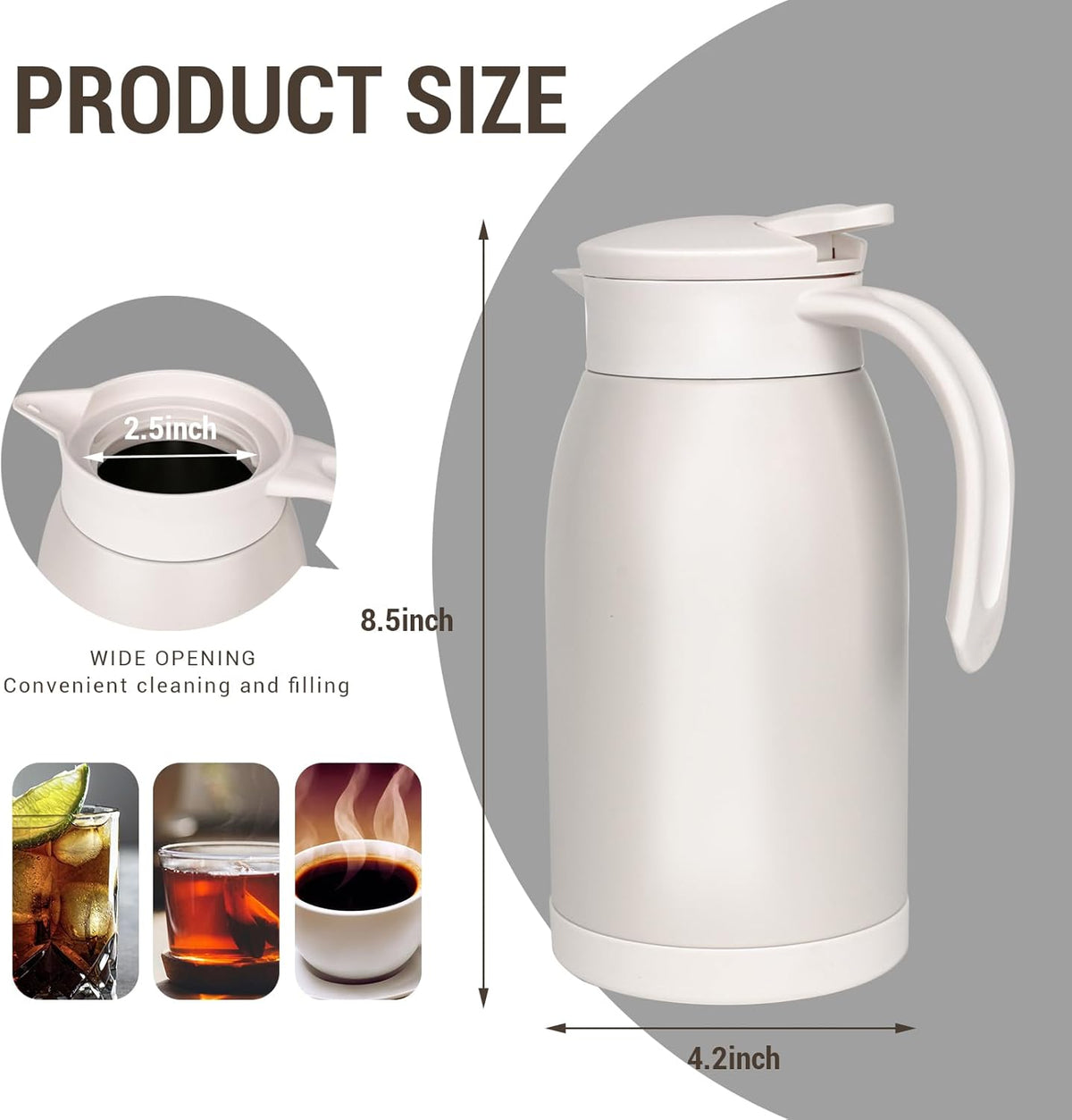 41 Oz Thermal Coffee Carafe Stainless Steel Insulated Thermos Double Wall Vacuum Flask Leak-Proof Thermos for Travel Office School Party Camping Use-Milk rice white