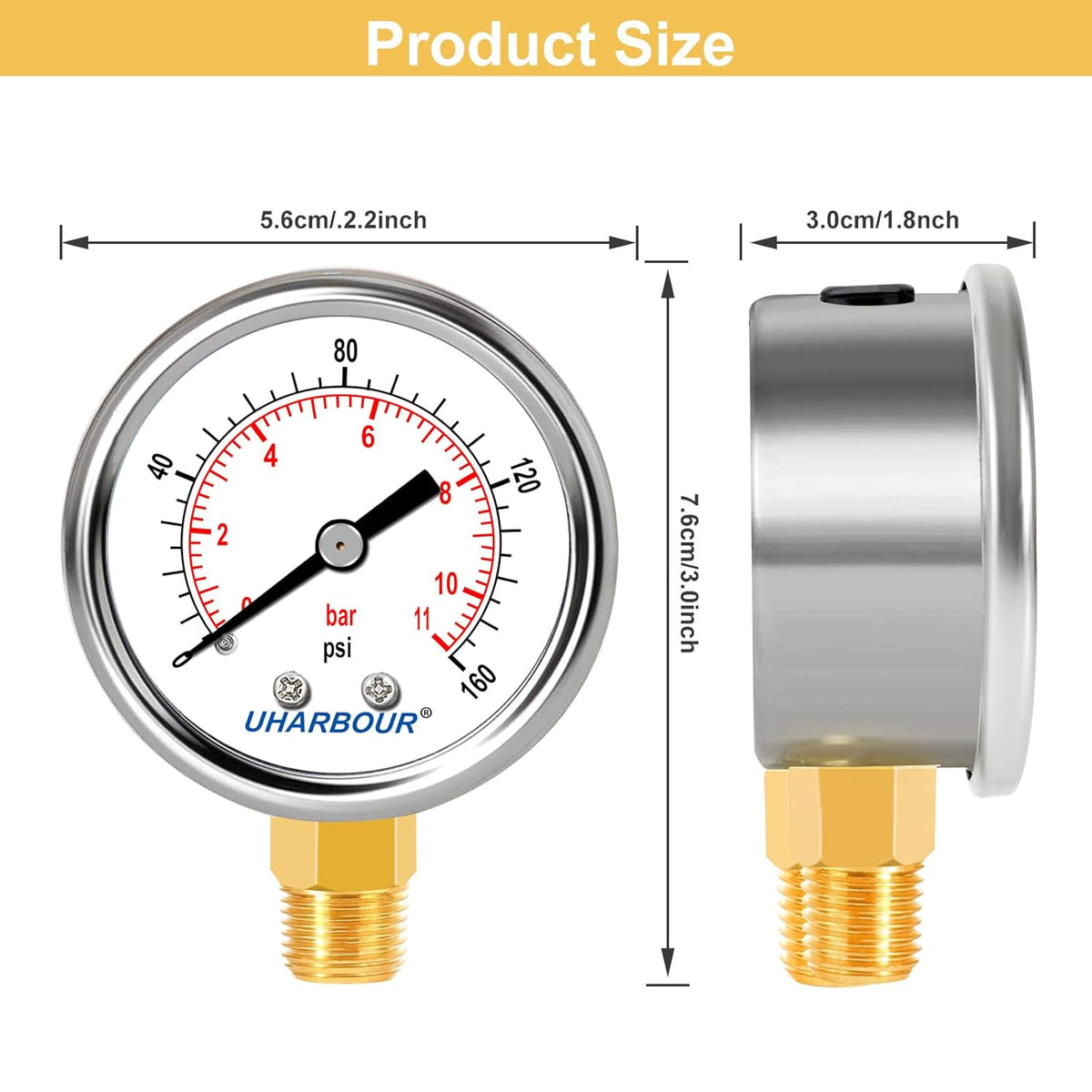 Lead-Free Pressure Gauge 0-160psi 1/4" NPT Lower Mount 2" Dial Stainless Steel Case, Pressure Gauge for Water Air RV