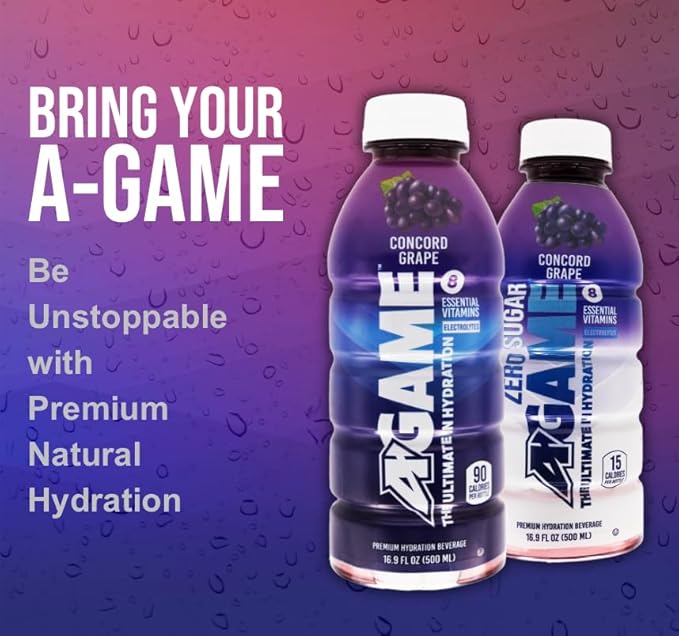 A-GAME Zero Sugar Sports Drink, Concord Grape Zero, Sugar FreNatural Flavors, Gluten Free & Keto Friendly, 16.9 Fl Oz (Pack of 12)