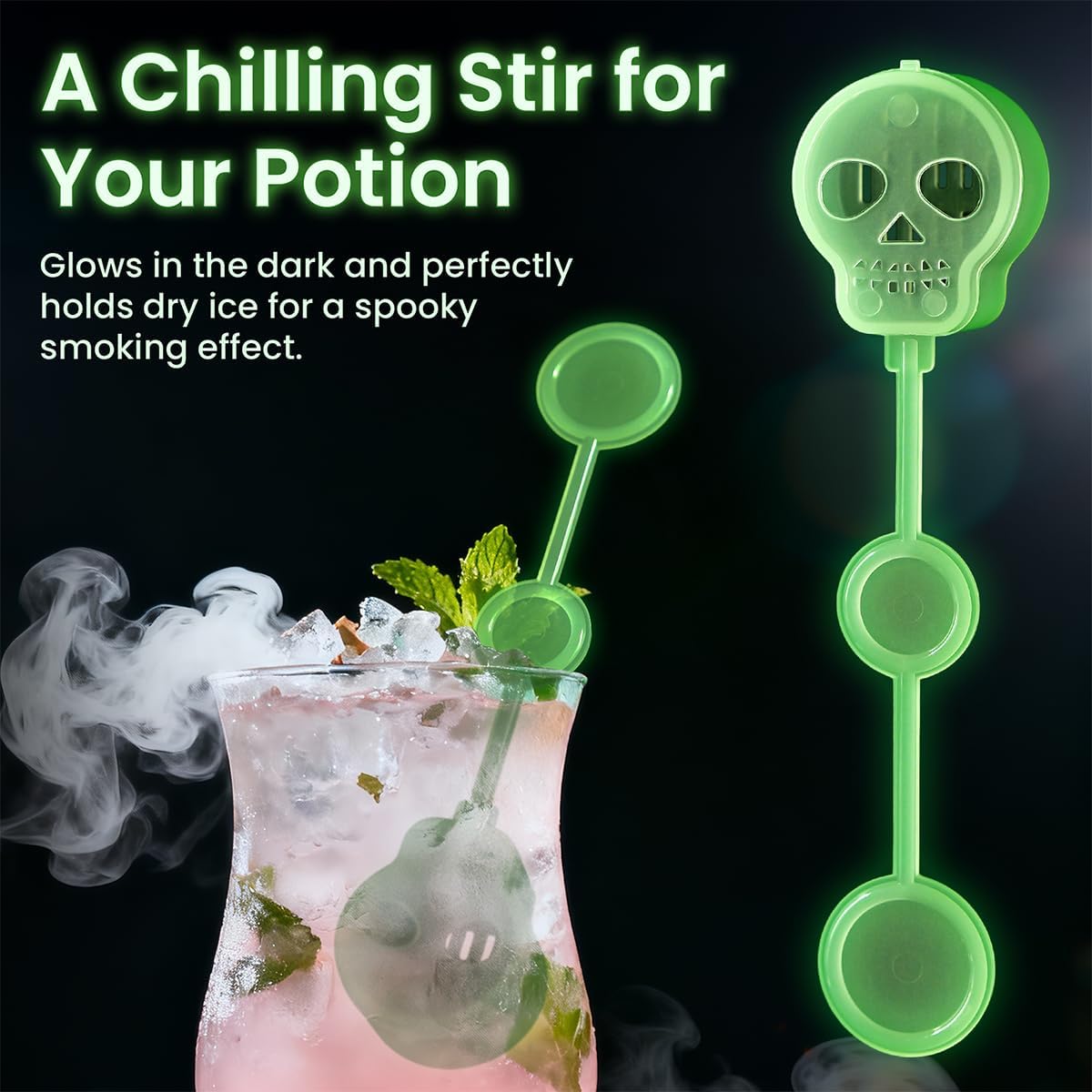 25 Pcs Halloween Dry Ice Swizzle Sticks, Clear Skull-Shape Plastic Stir Sticks Glow in Dark Bar Cocktail Beverage Drink Stirrers for Smokey Drinks Coffee Home Party Decoration