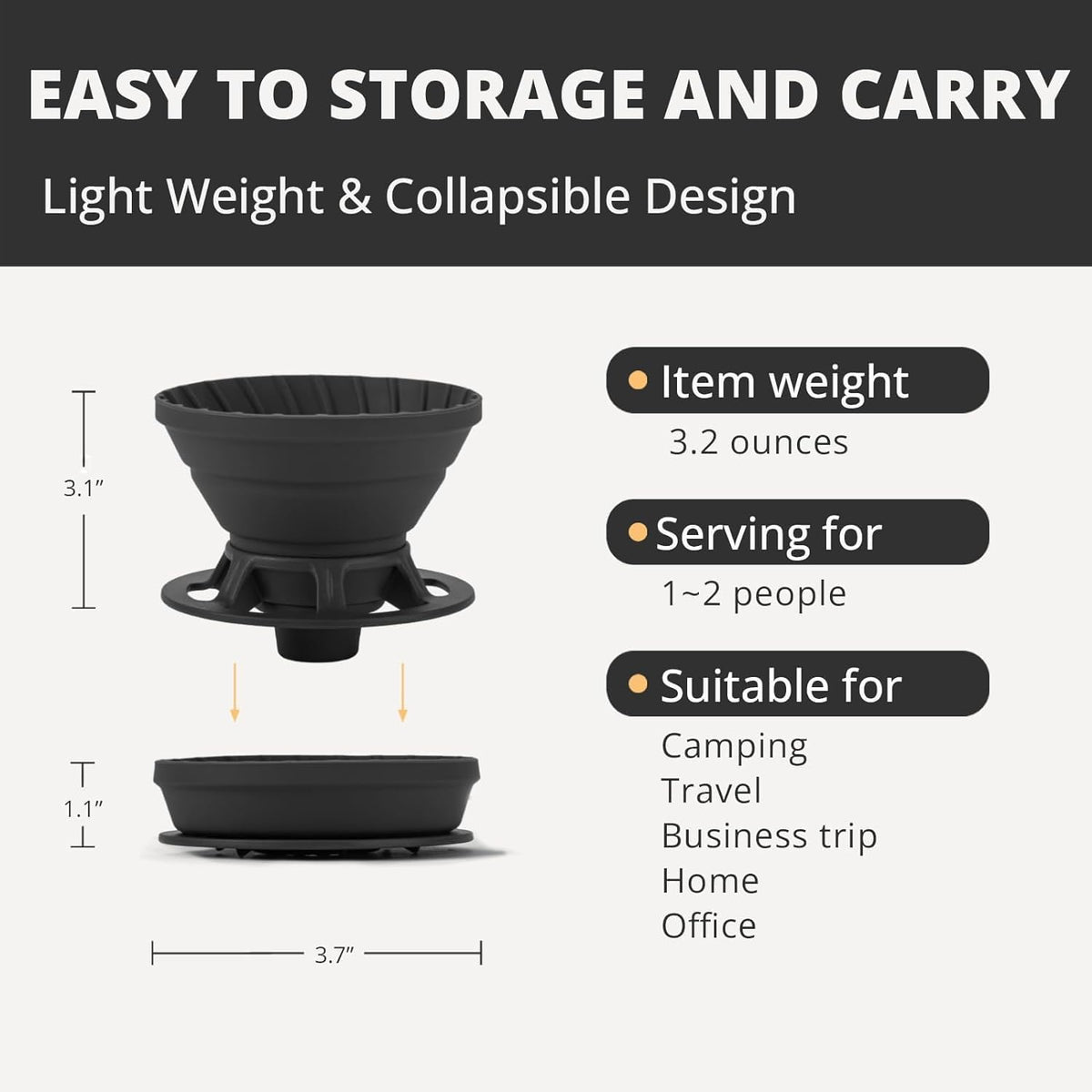 Collapsible Coffee Dripper, Silicone Reusable Coffee Filter Holder, Pour Over Coffee Dripper for Camping, Business Trip, Single Pour Over Coffee Maker (Black)