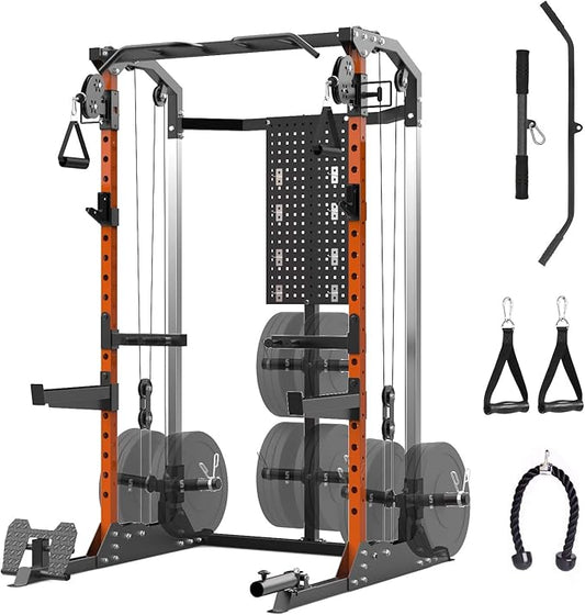 Power Cage, Squat Rack with Cable Crossover and Dual Independent Pulley System, 2000LB Capacity Workout Cage with More Training Attachments, Power Rack for Home Gym