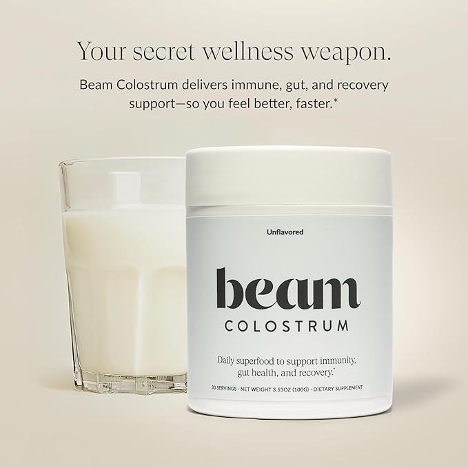 Beam Colostrum Powder – Gut Health, Immune Support & Recovery Supplement – 3g per Serving – Grass-Fed, Third-Party Tested, Pure Whole Bovine Colostrum – No Fillers, Non-GMO, 30 Servings