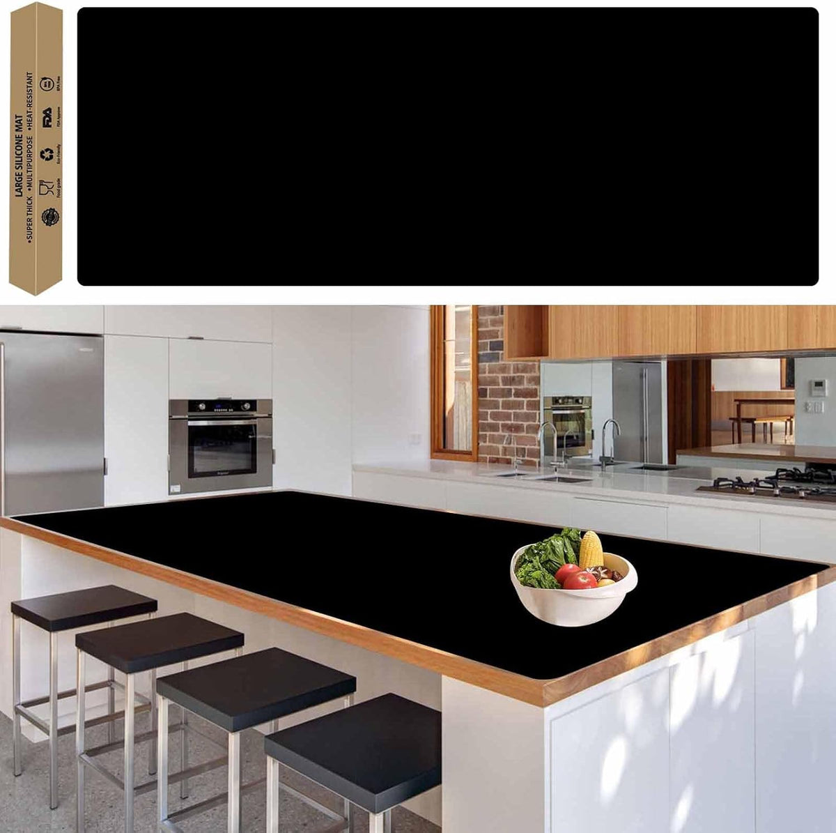 78.7"x23.6" Large Silicone Mat for Kitchen Counter, Heat Resistant Non-Slip Countertop Protector, Waterproof Silicone Craft Mat for Kitchen Island, Black