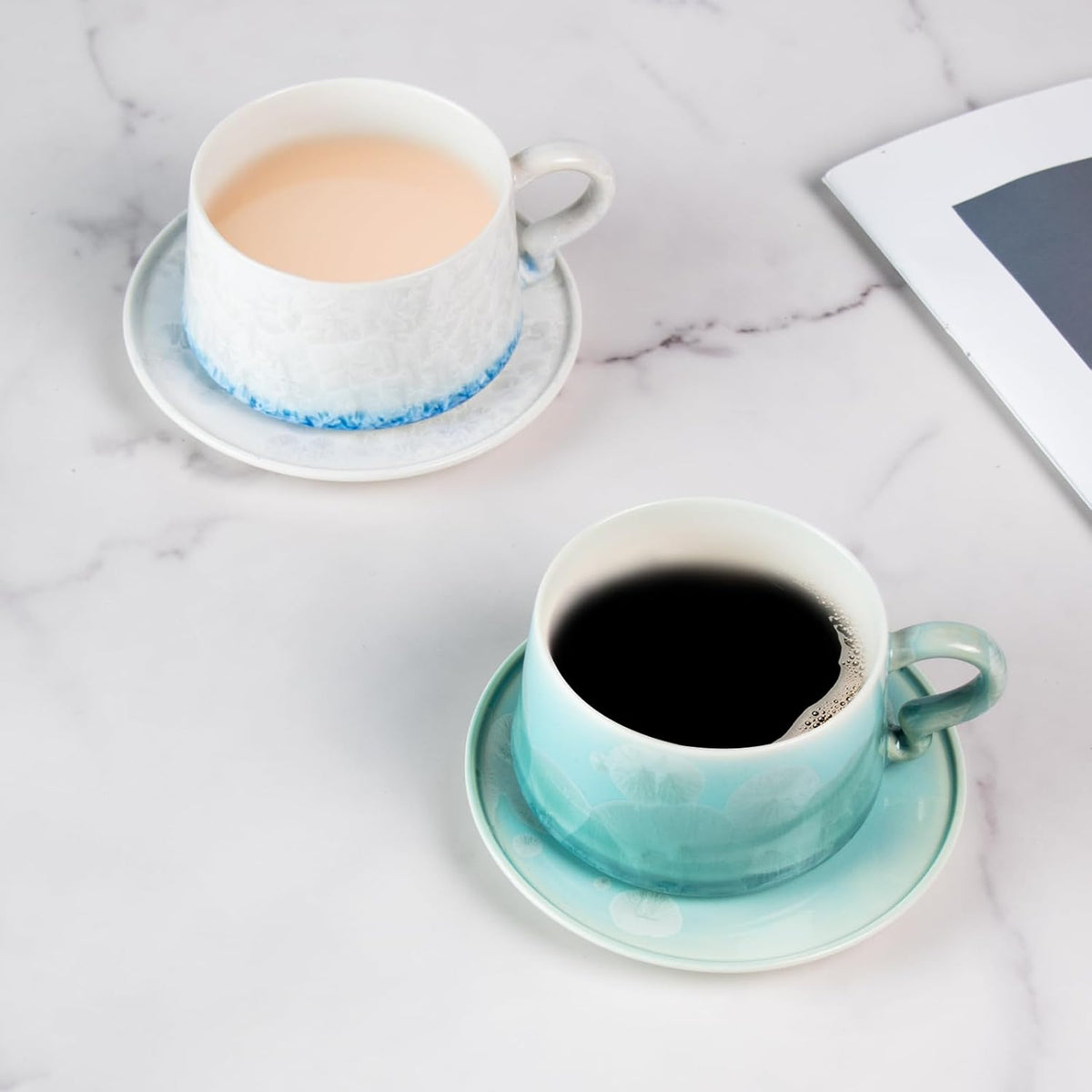 KAMMAK Tea Cups and Saucers Set of 2, Porcelain Coffee Cups, 7.5oz Crystalline Glaze Espresso Mugs, Ceramic Demitasse for Coffee, Cappuccino, Latte, Americano, Tea (Light green + Light blue)