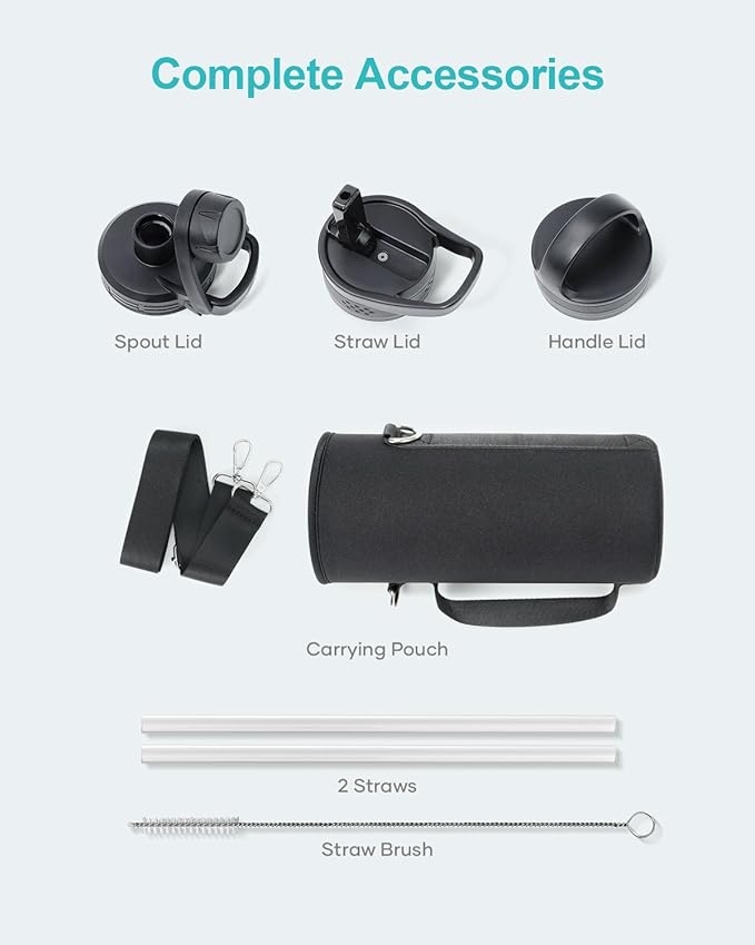 BUZIO 40 oz Water Bottle Insulated with Straw & 3 lid and Carrying Pouch, Leak Proof Anti-Slip Stainless Steel Water Flask Jug, Cold for 48 Hrs Double Vacuum Thermo Canteen, BPA-Free, Indigo Crush