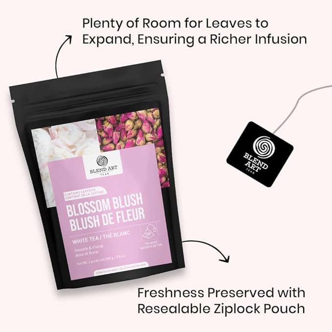 Blendart Blossom Blush Rose White Tea Bags Delicate Caffeinated Tea Made from Fresh Leaves. Natural Premium White Tea Bags -100 Pyramid Tea Bags