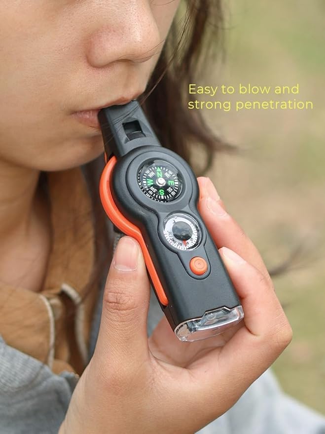7 in 1 Emergency Survival Whistle with Compass, Outdoor Multi-Functional Hiking Safety Tool with Lanyard