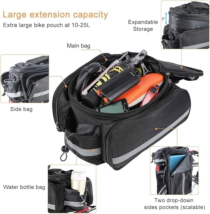 Bike Rear Rack Bag,10-25L Bicycle Trunk Bag with Rain Cover, Pannier Bike Bag with 2 Side Foldable Panniers, with Reflective Strips and Shoulder Strap, for Shopping,Cycling,Trip (Black)