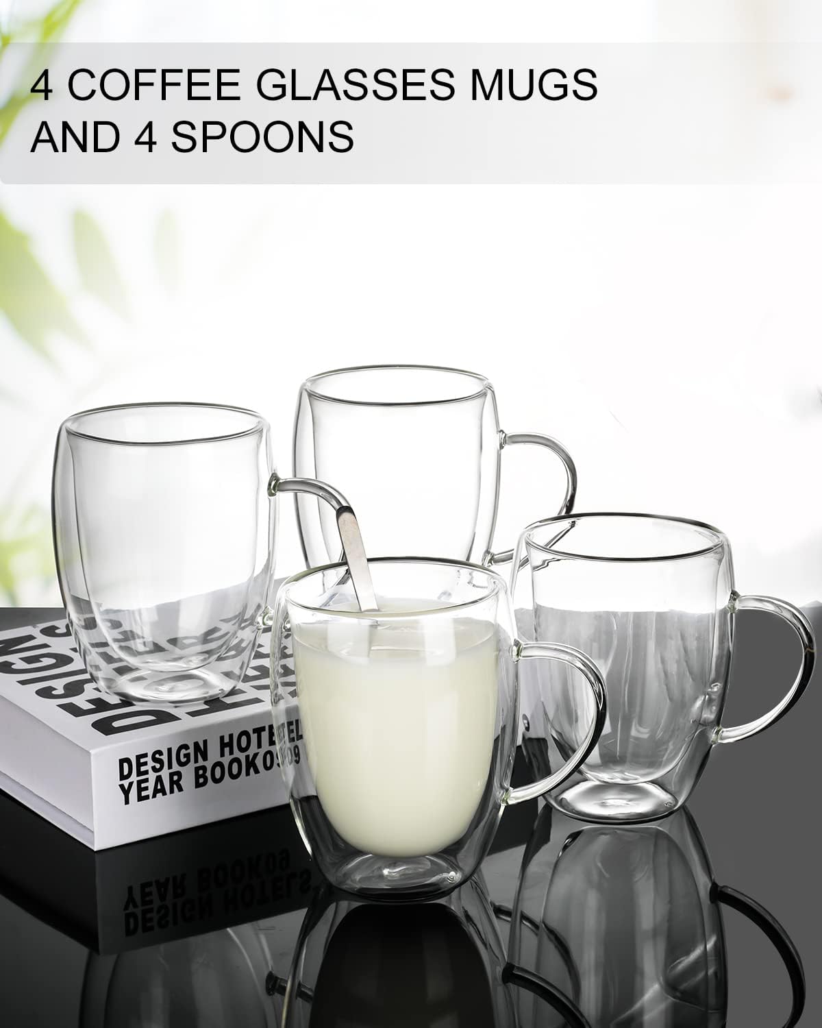 LIBWYS 4 Pack Double Walled Coffee Cups Glasses Mugs 12oz, Espresso Cappuccino Latte Tea Cups with Handle, Heat Resistant Borosilicate Clear Glasses 350ml