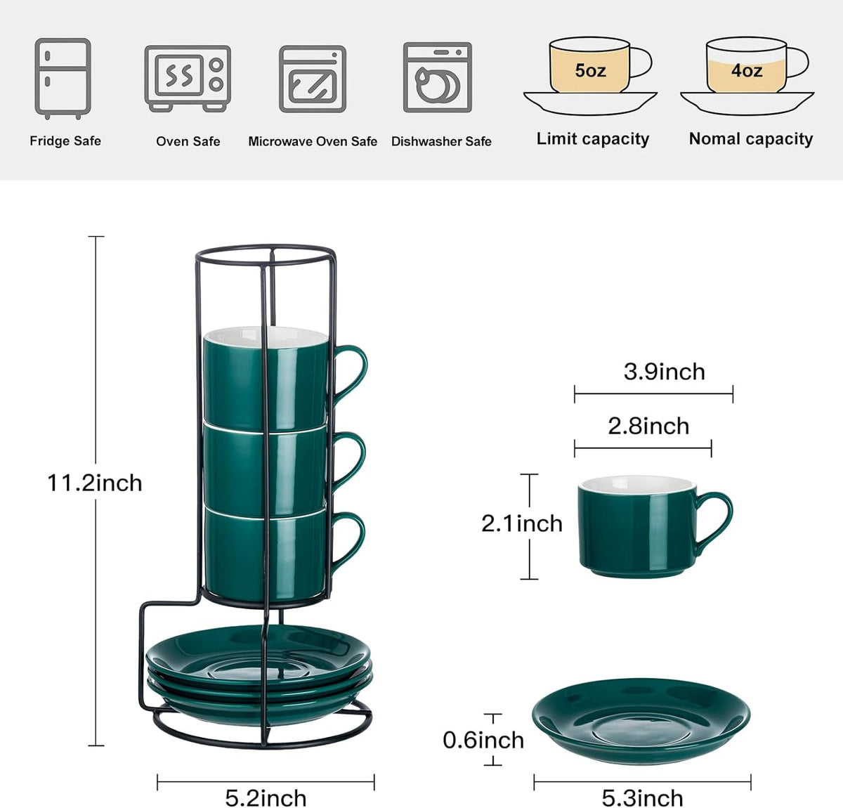 4oz Porcelain Stackable Espresso Cups with Saucers and Metal Stand Set of 4, Stackable Cappuccino Cups, Green Expresso Shots Cup Set for Coffee Drinks, Latte, Americano, Tea