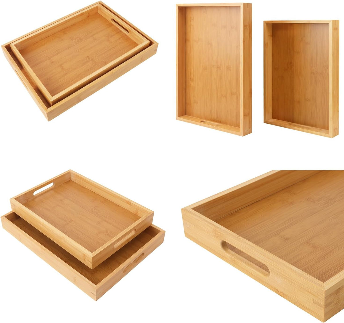 2 Pack Large Bamboo Serving Tray with Handles, 16 x 11.6 Inch and 14 x 10 inch Wooden Dinner Tray, Home Kitchen Breakfast Trays for Living Room Bedroom Kitchen Dinner Table, Picnic