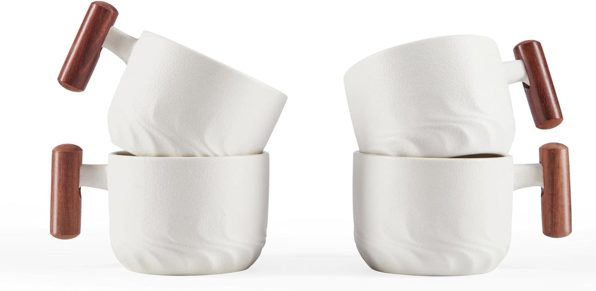 2.5oz Ceramic Espresso Cups with Wooden Handle, Small Coffee Cups Double Shot Espresso Cups Set of 4