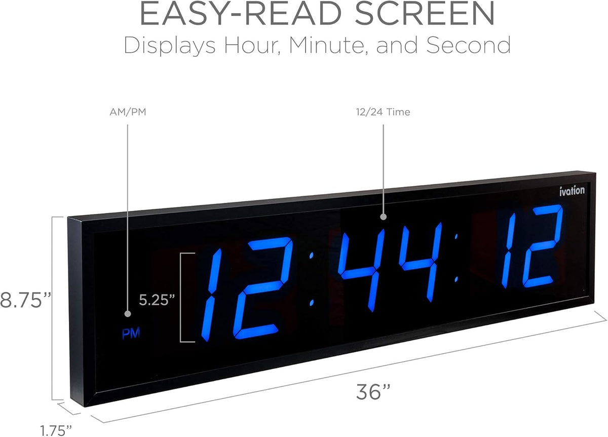 Ivation Oversized 36" Large Digital LED Clock | Big Digital Clock w/Multi-Function Display – Stopwatch, Timer, Alarms, Temp & Date | 6 Brightness Levels, Time Memory & Remote (Blue)