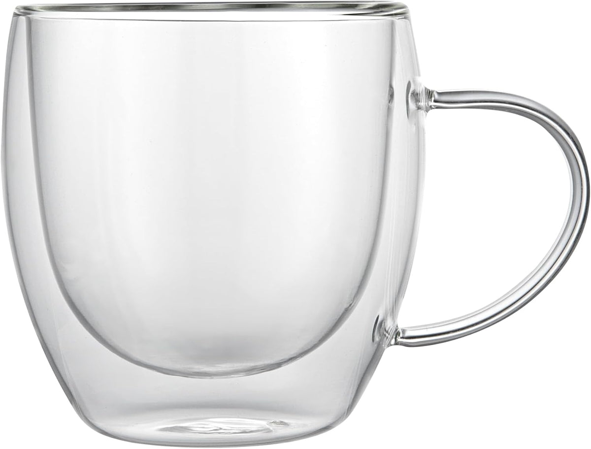 Restaurantware-Forma Professional 8.5 Ounce Glass Coffee Cups, 12 Insulated Coffee Cups With Handle - Dishwashable, Reusable, Clear Double Wall Beverage Tumblers, Freezable, For Hot Or Cold Beverages
