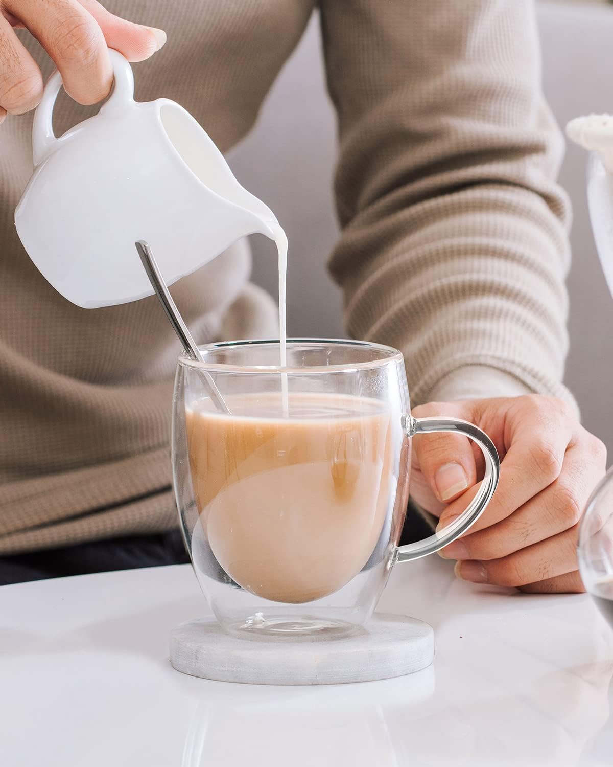 LIBWYS 2 Pack Double Walled Coffee Cups Glasses Mugs, 12oz Espresso Cappuccino Latte Tea Cups with Handle, Heat Resistant Borosilicate Clear Glasses 350ml