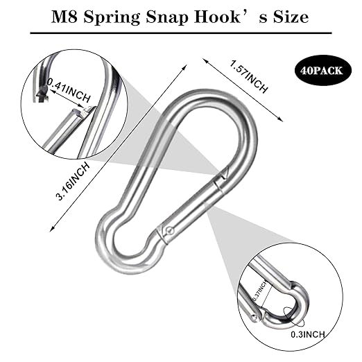 40 PCS 3'' Spring Snap Hook Carabiner, M8 5/16 Inch Galvanized Silver Steel Carabiner Clip, 500LBS Holding Capacity Quick Link Clip Keychain for Hammock Dog Leash & Camping Gym