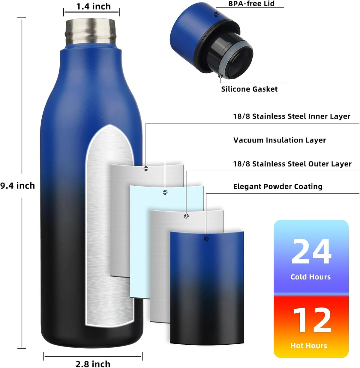 BJPKPK Insulated Water Bottles, 18 oz Stainless Steel Metal Water Bottle with Strap, BPA Free Leak Proof Thermos, Mugs, Flasks, Reusable Water Bottle for Sports & Travel, Blue Black (Pack of 2)