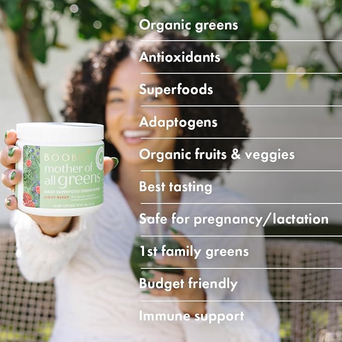 Boobie Mother of All Greens | Your New Family Ritual, Daily Super Greens Powder with 35+ Essential Nutrients for Moms & Families | Vegan, Gluten Free, & Sugar Free | Light Berry Flavor, 30 svgs