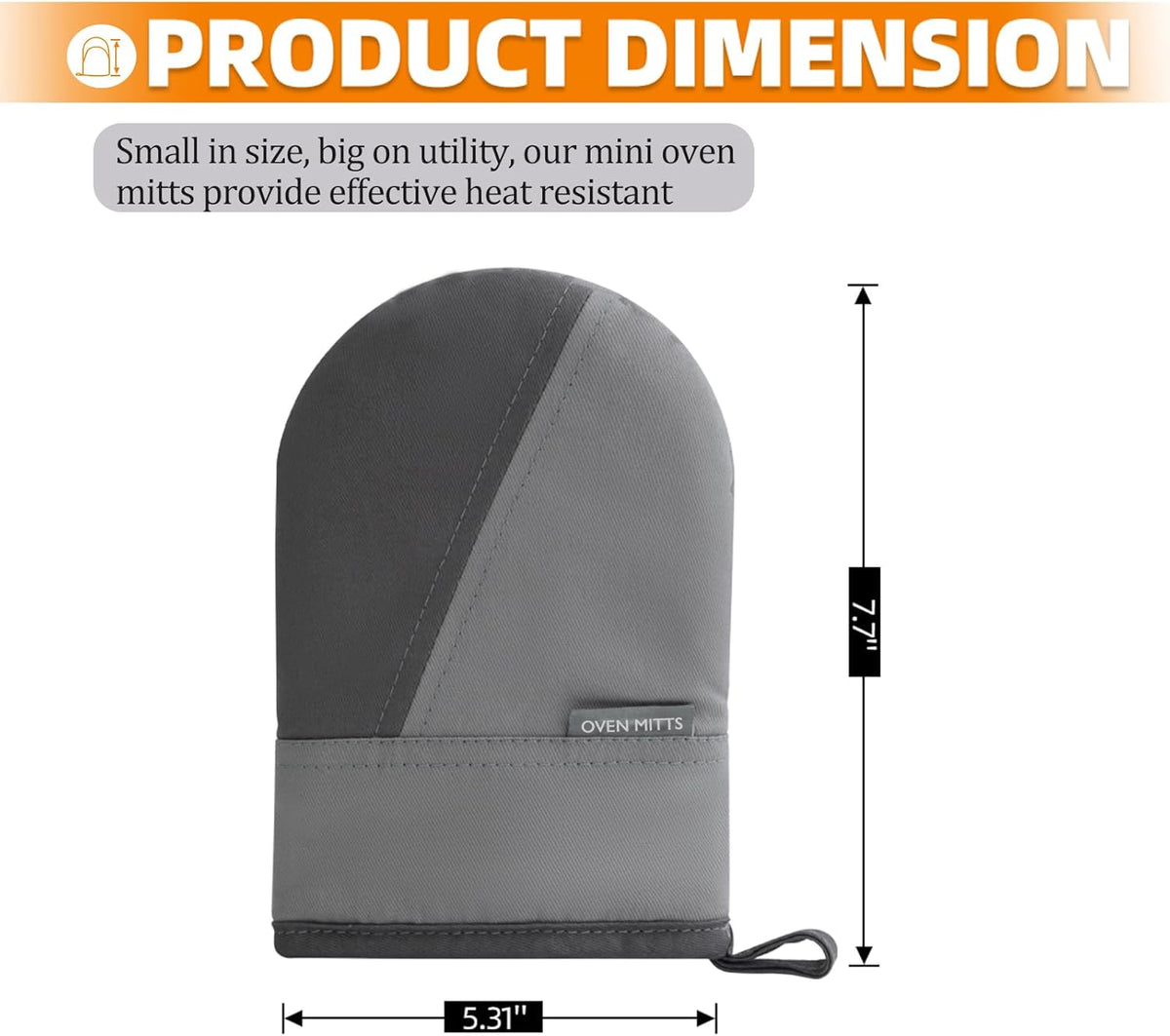 Mini Oven Mitts, Kitchen Oven Gloves Kitchen Mittens 500 Degrees Heat Resistant Baking Gloves, Non-Slip Silicone Surface with Hanging Loops Hot Gloves for Cooking, Baking, BBQ 1 Pair-Gray