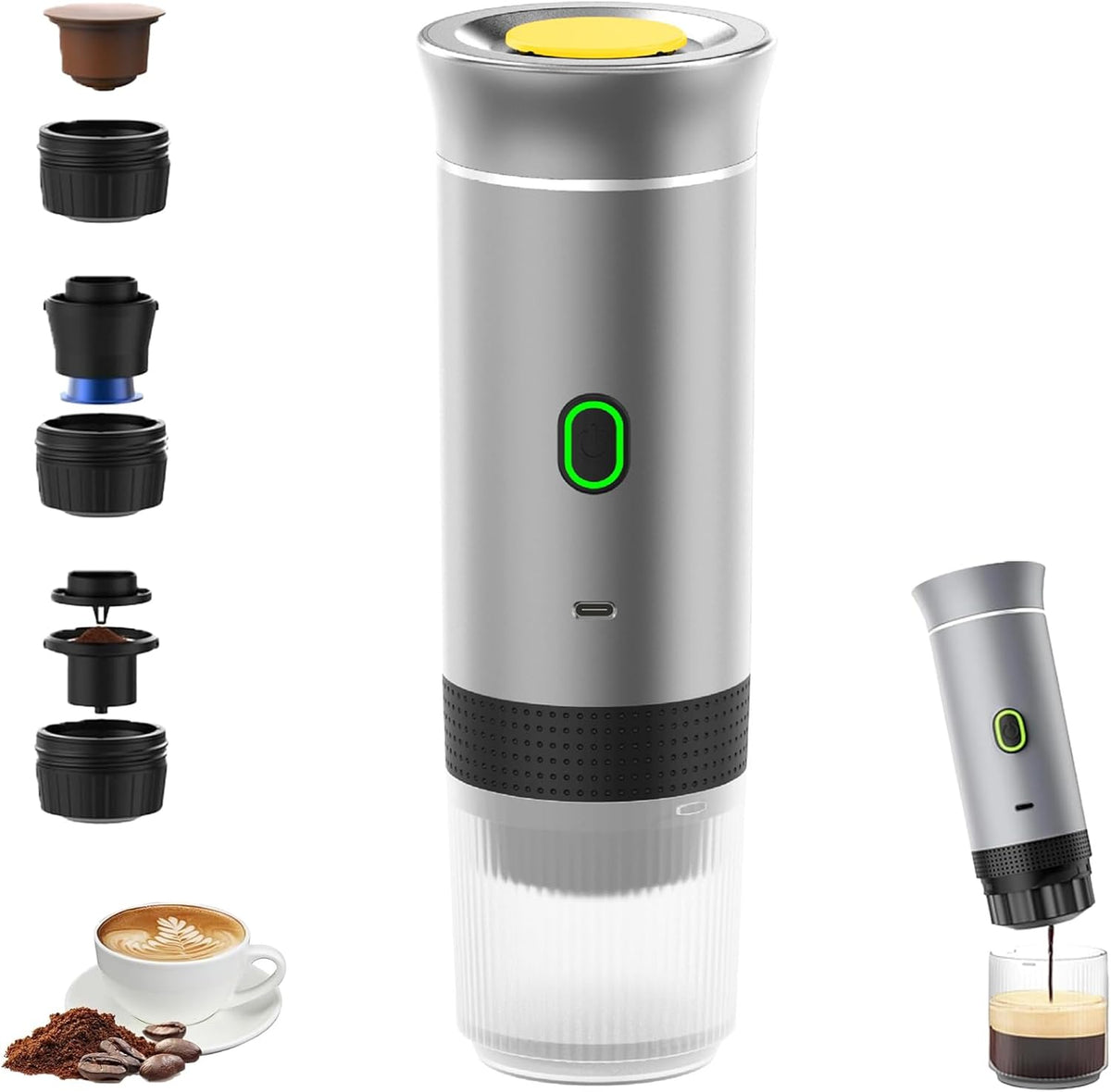 Esprova Portable Espresso Machine, Portable Electric Coffee Maker for Travel Camping, 3-in-1 Self-Heating Espresso Maker, Compatible with Ground Coffee and Capsules, Compact Lightweight (Silver)