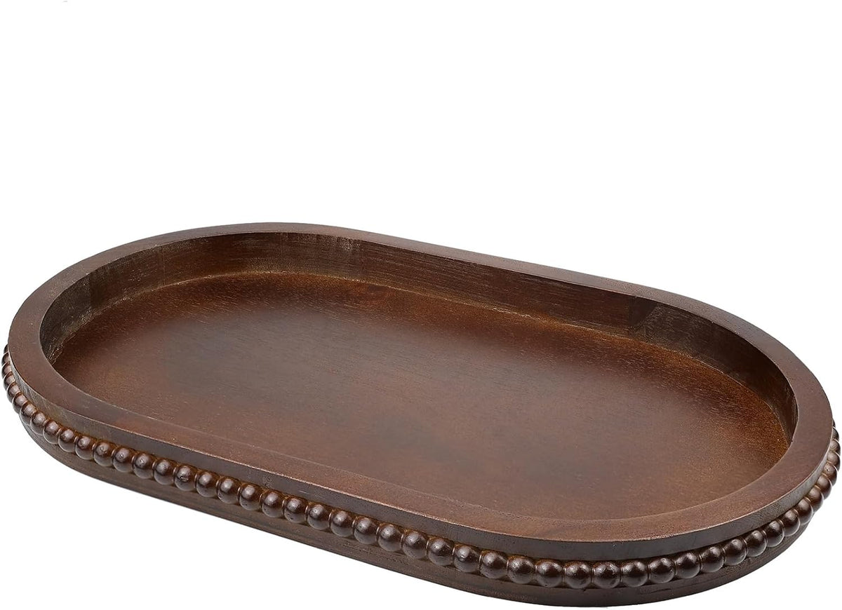 Oval Wood Decorative Tray with Wooden Beads, Vintage Serving Platter Tray for Ottoman, Coffee Table, Entertaining, Kitchen Counter Organizer, Home Decor (Retro Brown)