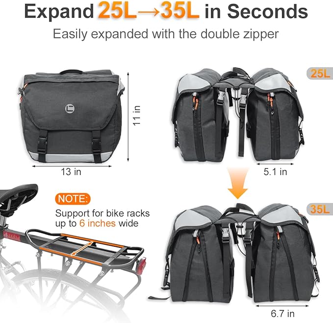 Bike Panniers, Waterproof Panniers Bike Bags for Rear Rack 25L-35L Expandable – Large Bicycle Saddle Bag with Reflective Strips, Double Panniers Storage Cargo Bag for Cycling Traveling Commuting