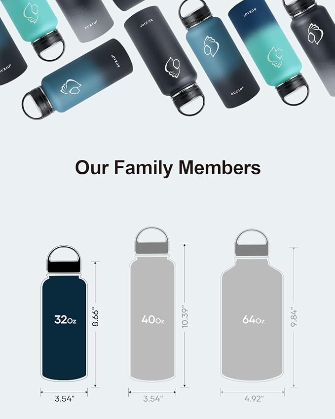 BUZIO 32 oz Water Bottle Insulated with Straw & 3 lid and Carrying Pouch, Leak Proof Anti-Slip Stainless Steel Water Flask Jug, Cold for 48 Hrs Double Vacuum Thermo Canteen, BPA-Free, Black